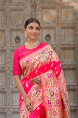 Cherry Blossom Crimson Pink Handwoven Banarasi Silk Saree - Chinaya Banaras