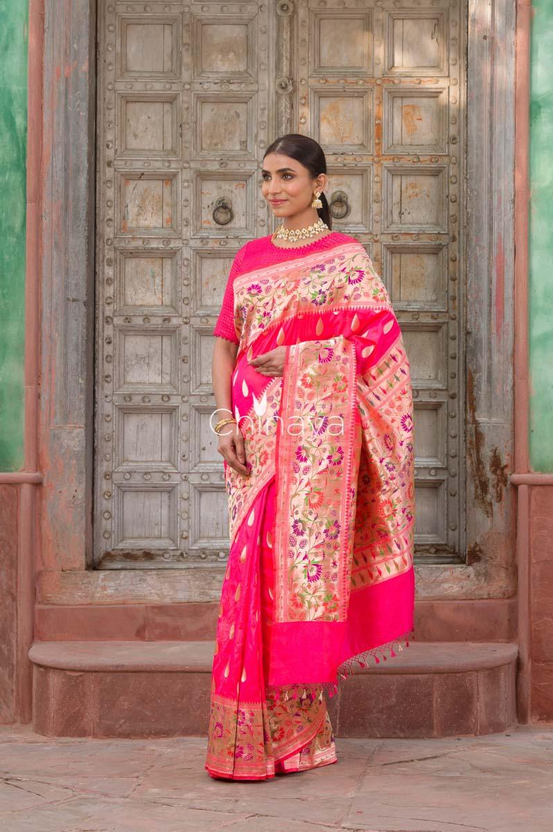 Cherry Blossom Crimson Pink Handwoven Banarasi Silk Saree - Chinaya Banaras