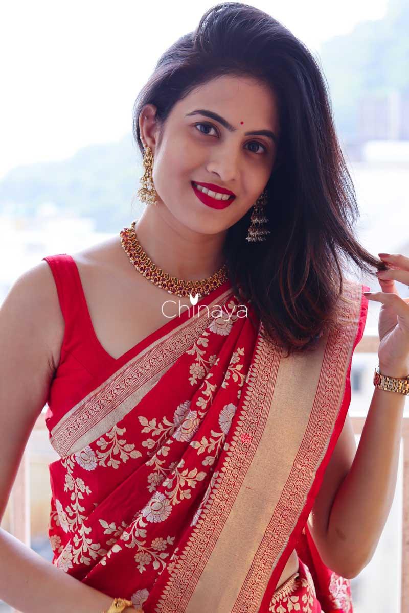Alkananda In Cherry Red Katan Silk Banarasi Saree