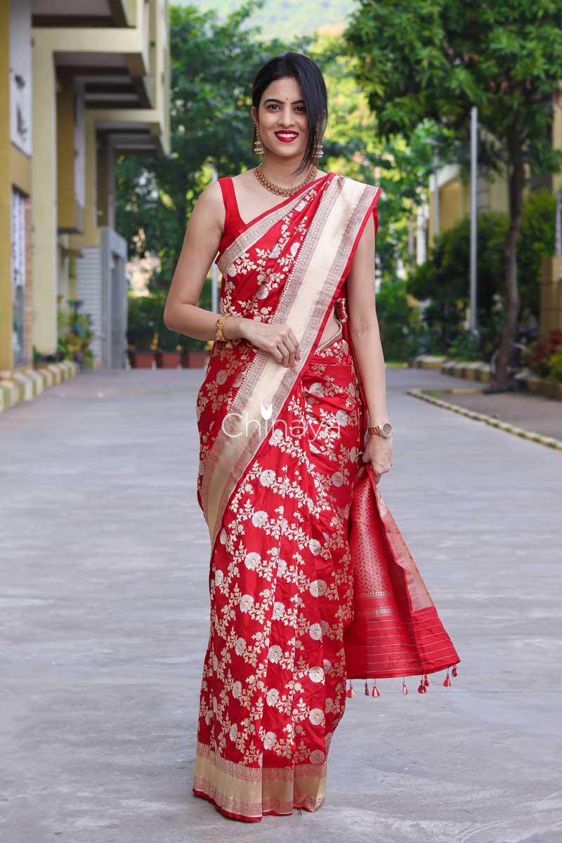 Cherry Red Banarasi Silk Saree - Chinaya Banaras