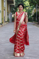 Indian women draped beautifully Cherry Red Banarasi Silk Saree by chinaya banaras