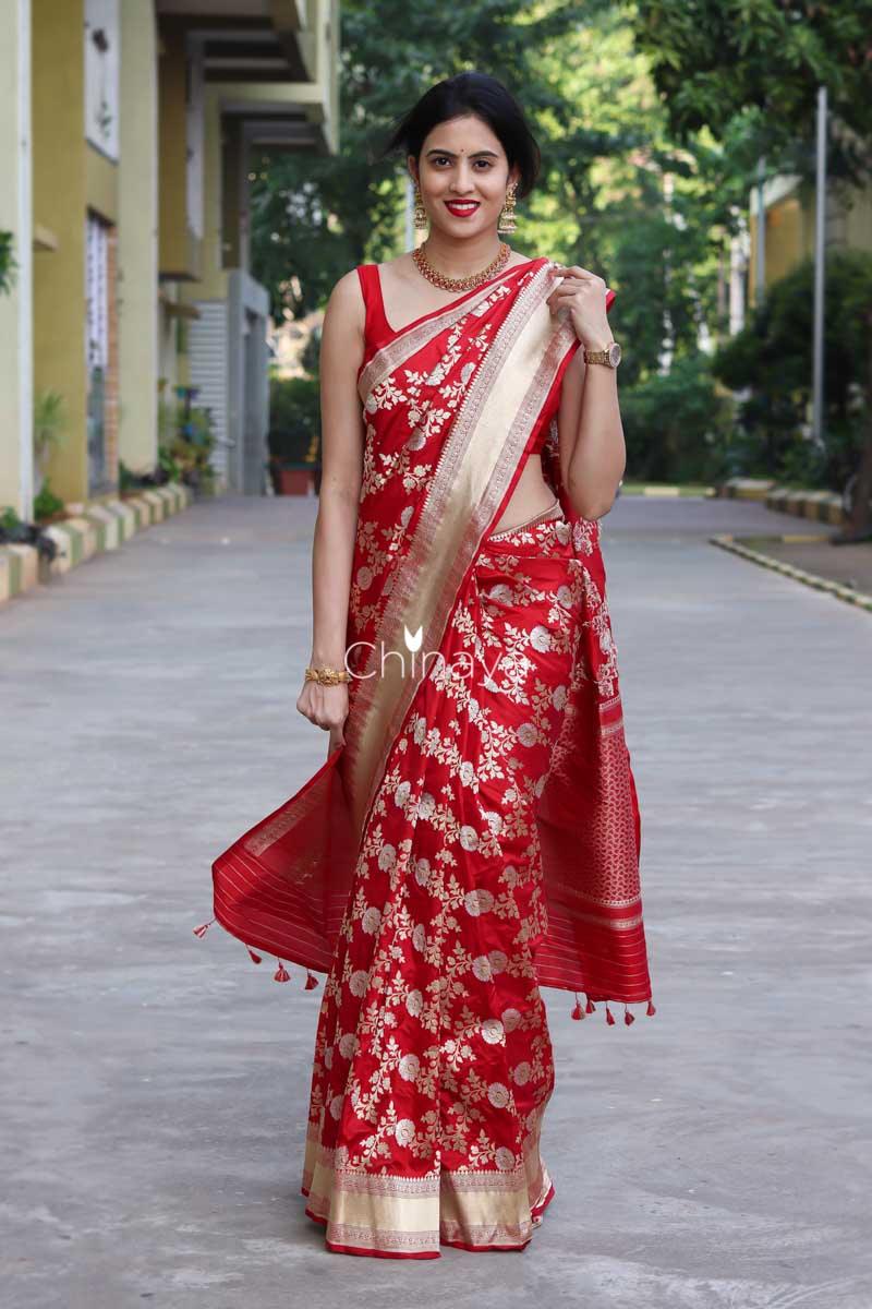 Red Handloom Banarasi Katan Silk Saree At Chinaya Banaras 