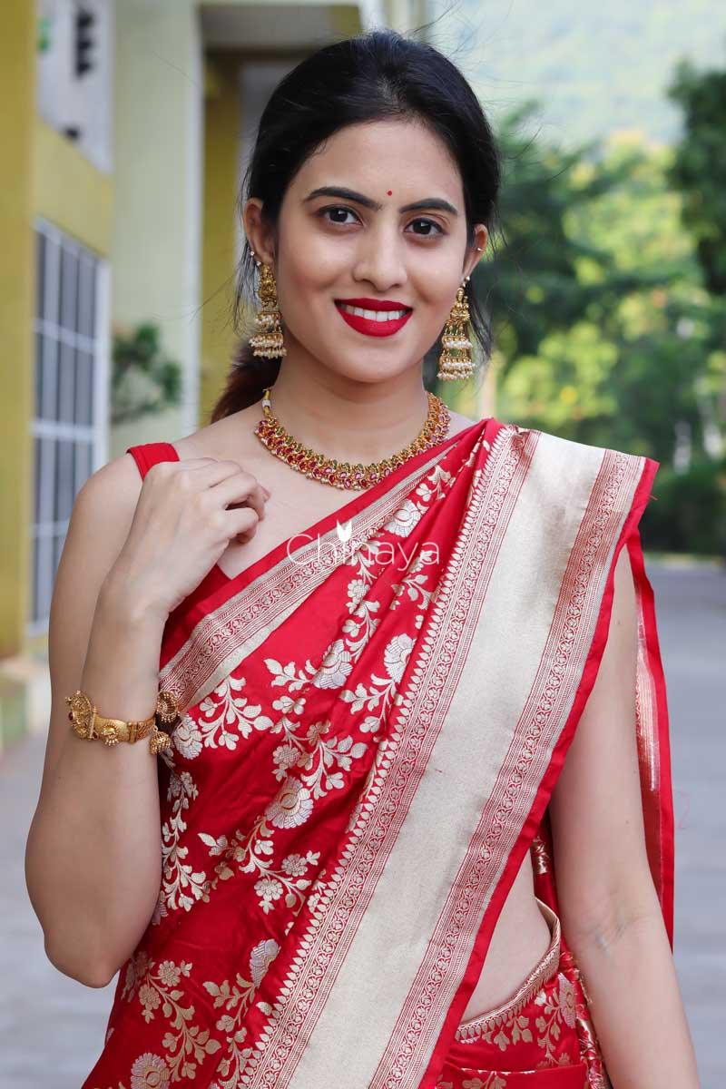 Alkananda In Cherry Red Katan Silk Banarasi Saree