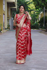 Cherry Red Banarasi Silk Saree - Chinaya Banaras