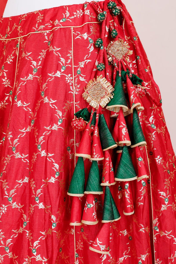 Cherry Red Handwoven Embellished Mulberry Silk Lehenga Set - Chinaya Banaras