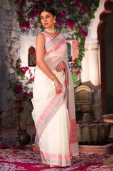 Chromatic Snowy White Banarasi Organza Silk Saree - Chinaya Banaras