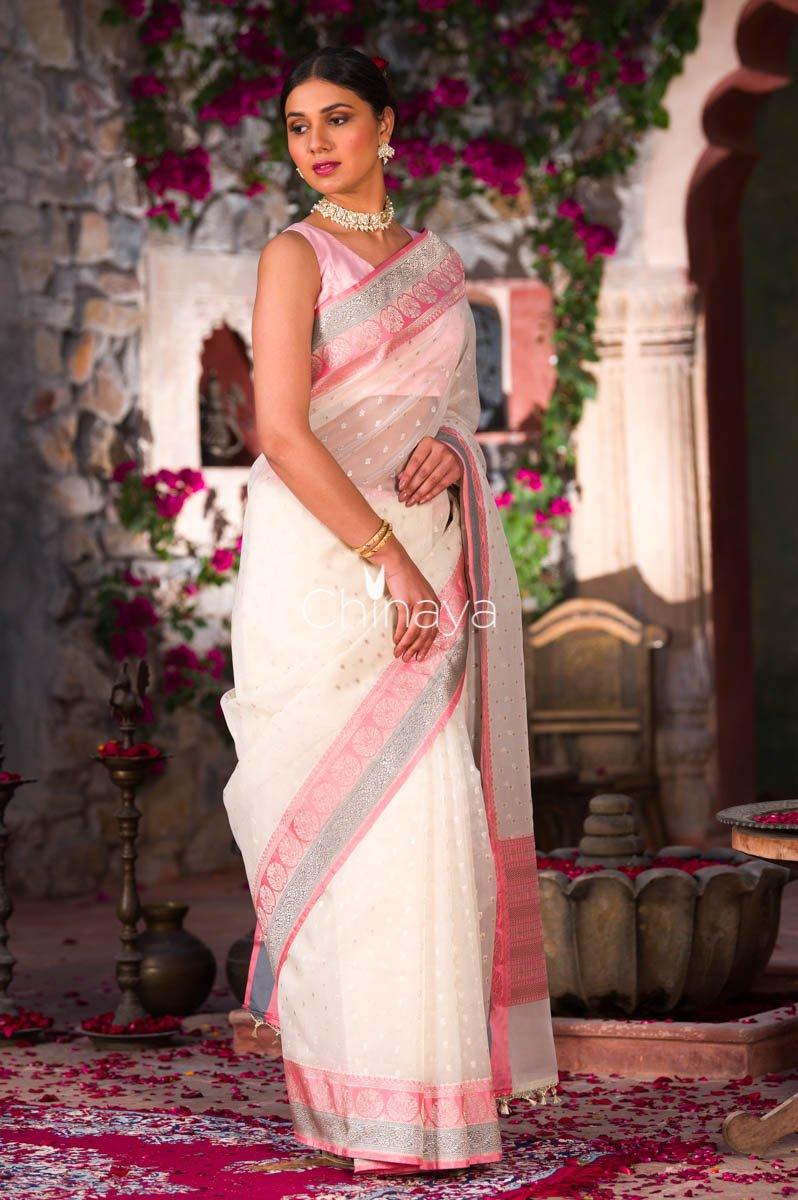 Chromatic Snowy White Banarasi Organza Silk Saree - Chinaya Banaras