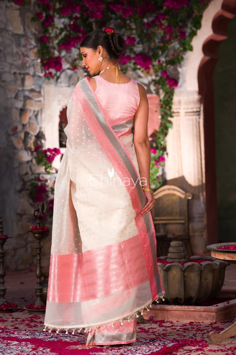 Chromatic Snowy White Banarasi Organza Silk Saree - Chinaya Banaras