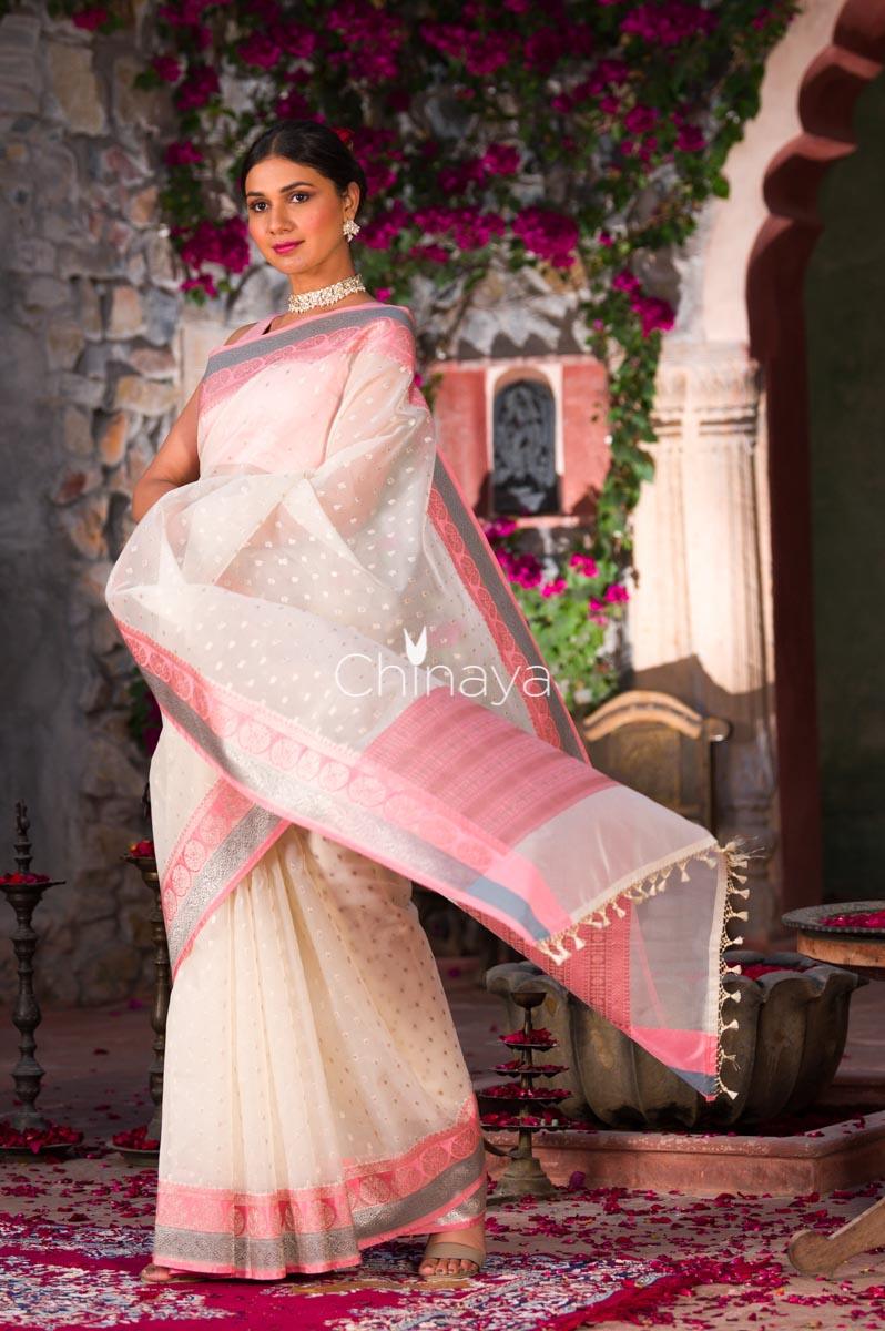 Chromatic Snowy White Banarasi Organza Silk Saree - Chinaya Banaras