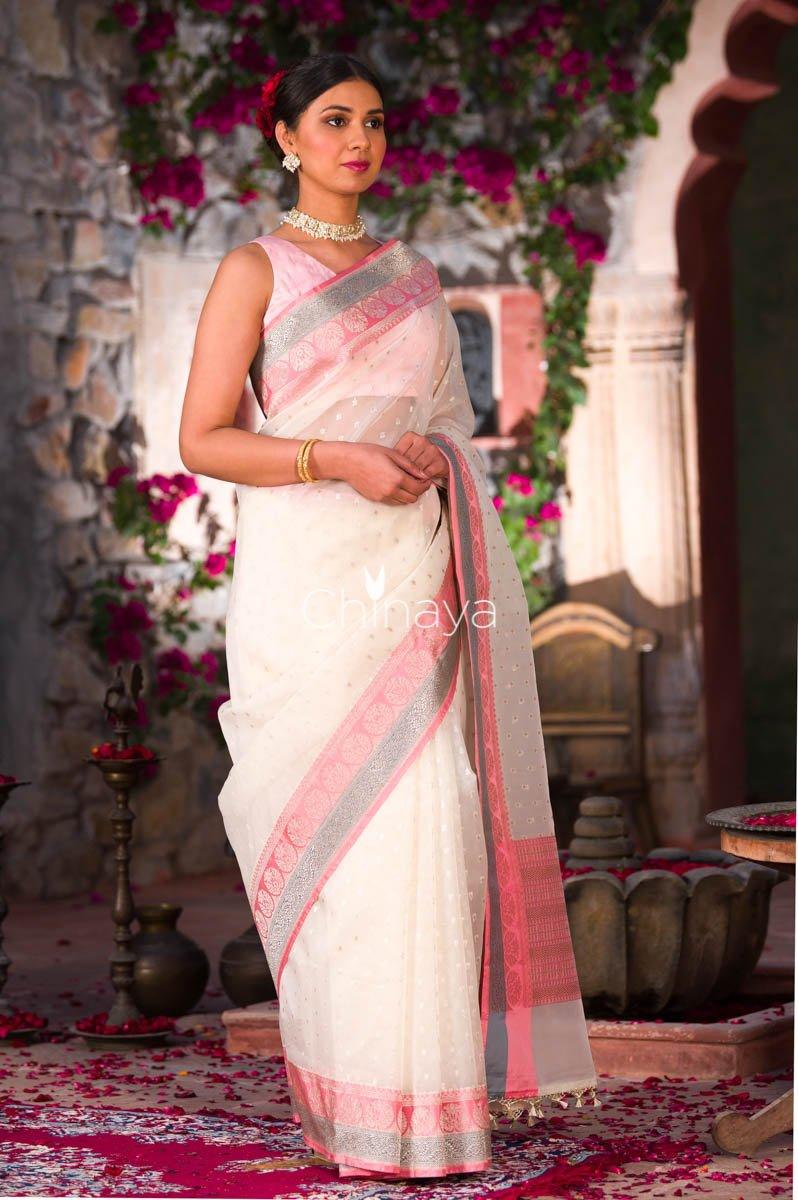 Chromatic Snowy White Banarasi Organza Silk Saree - Chinaya Banaras