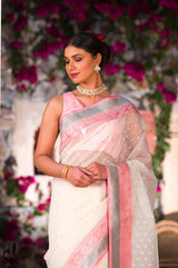 Chromatic Snowy White Banarasi Organza Silk Saree - Chinaya Banaras