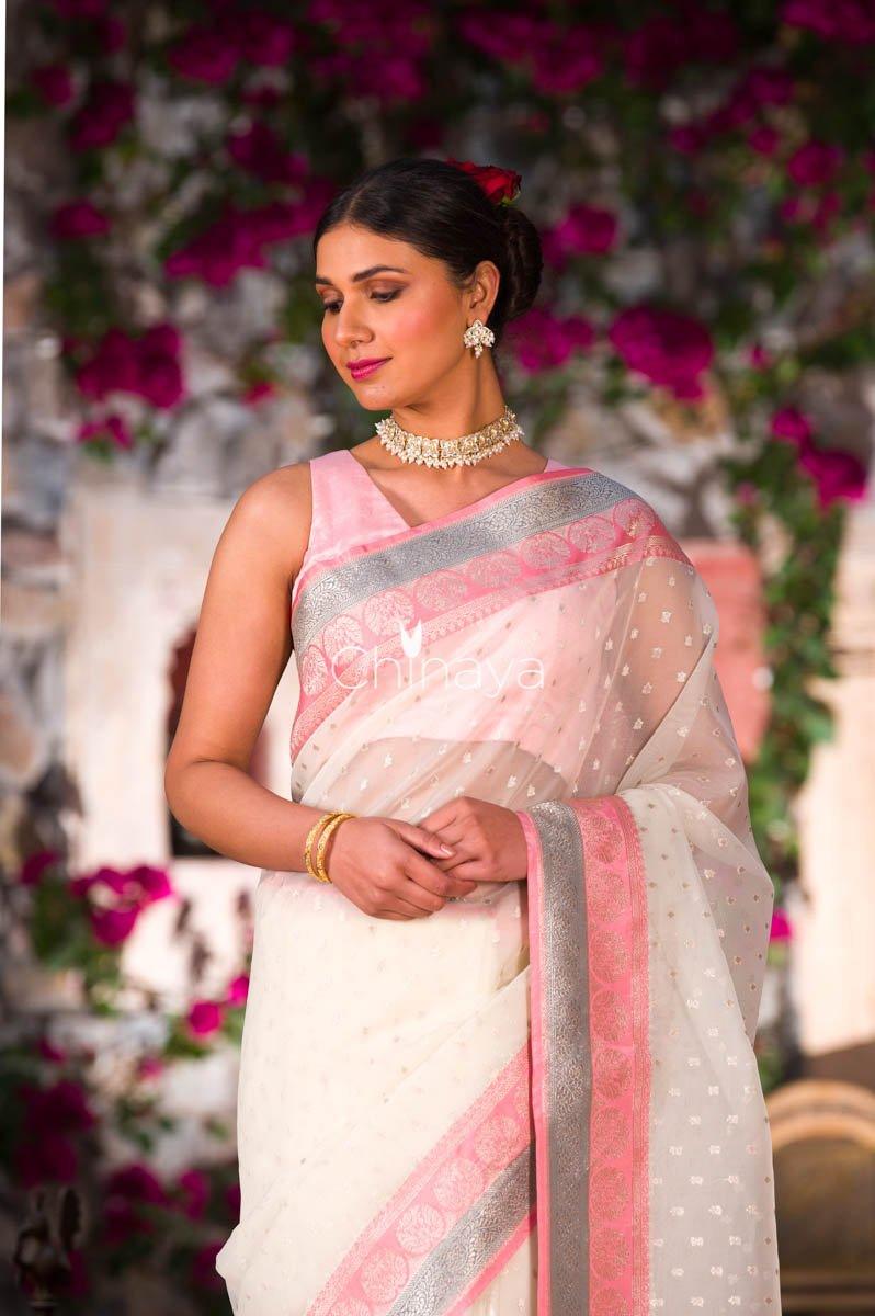 Chromatic Snowy White Banarasi Organza Silk Saree - Chinaya Banaras