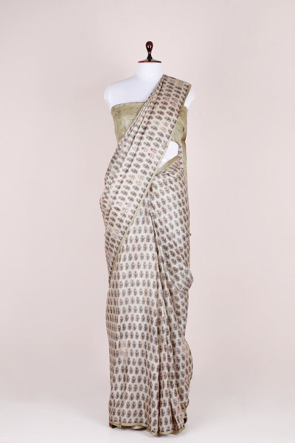 Cloud Grey Embellished Tussar Silk Saree - Chinaya Banaras