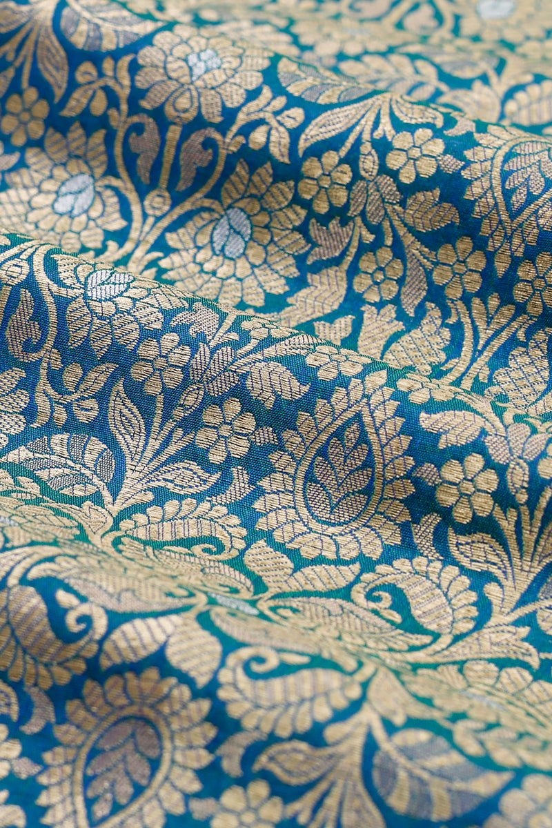 Cobalt Blue Handwoven Banarasi Silk Fabric - Chinaya Banaras
