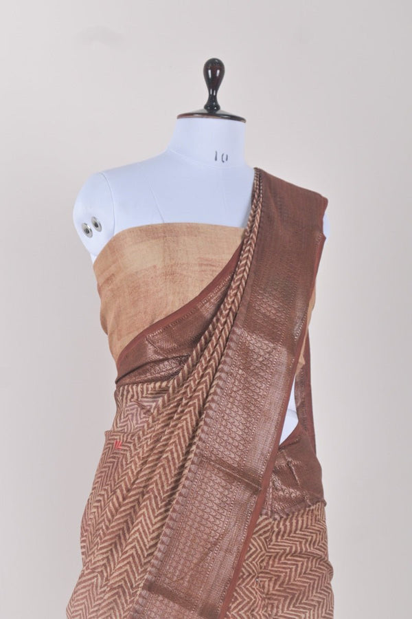 Coffee Brown Geometrical Printed Chanderi Silk Saree - Chinaya Banaras