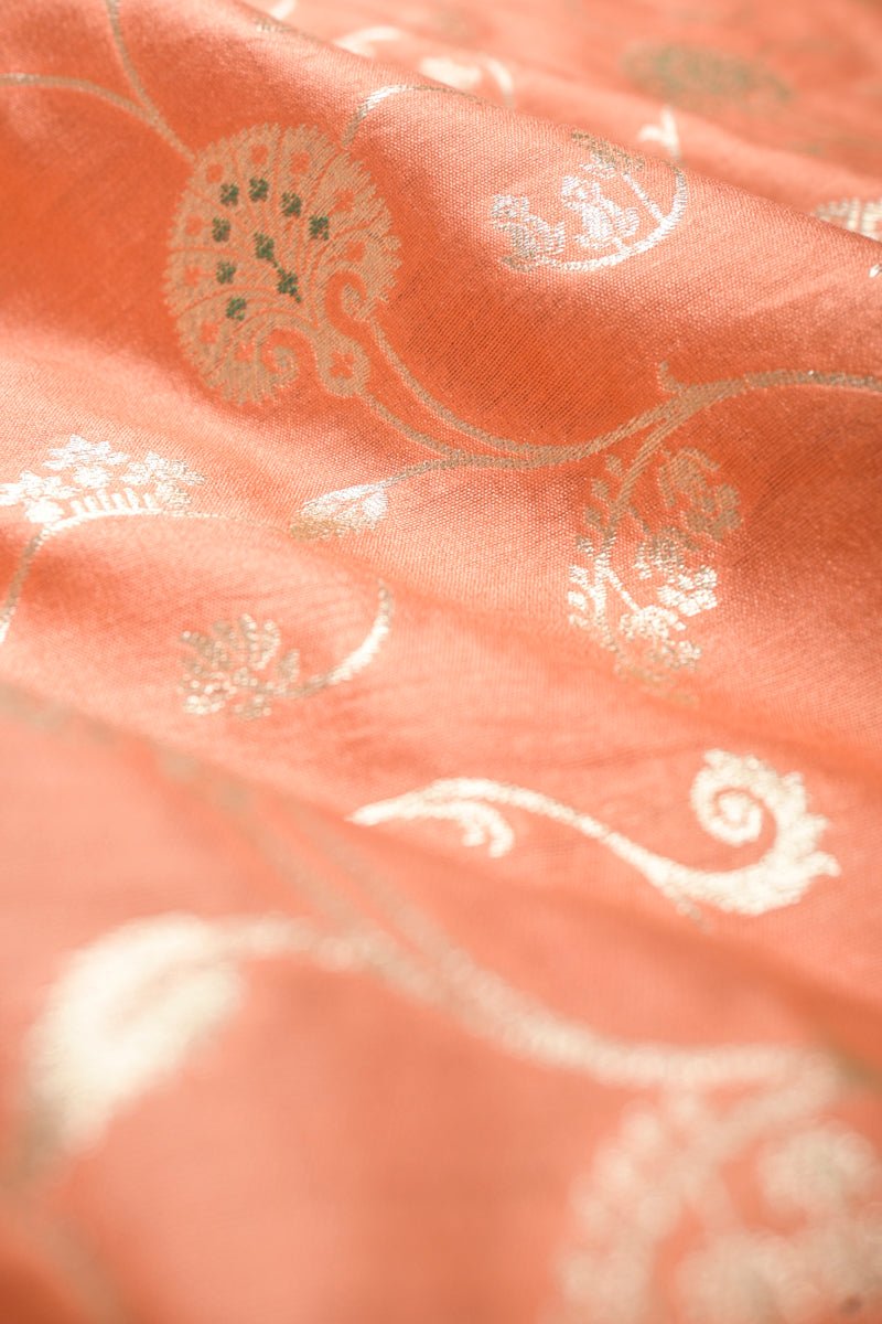 Coral Peach Floral Jaal Handwoven Mulberry Silk Fabric - Chinaya Banaras