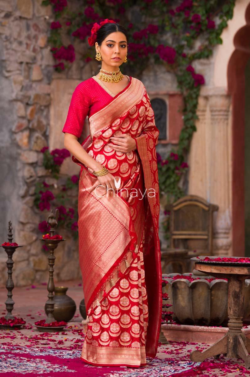 Crimson Clique Deep Red Handwoven Banarasi Silk Saree - Chinaya Banaras