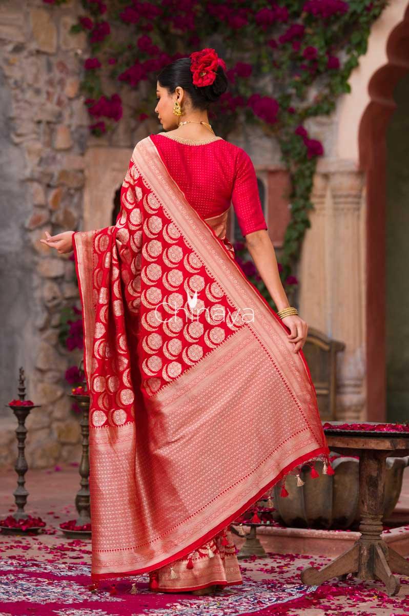 Crimson Clique Deep Red Handwoven Banarasi Silk Saree - Chinaya Banaras