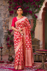 Indian women draped  beautifully Crimson Clique Deep Red Handwoven Banarasi Silk Saree by chinaya banaras