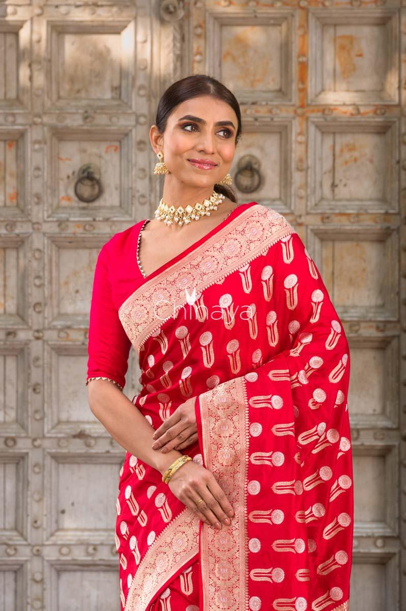 Crimson Cocoon Red Handwoven Banarasi Silk Saree - Chinaya Banaras