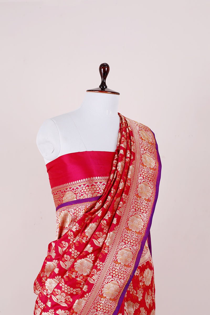 Crimson Pink Handwoven Banarasi Silk Saree - Chinaya Banaras