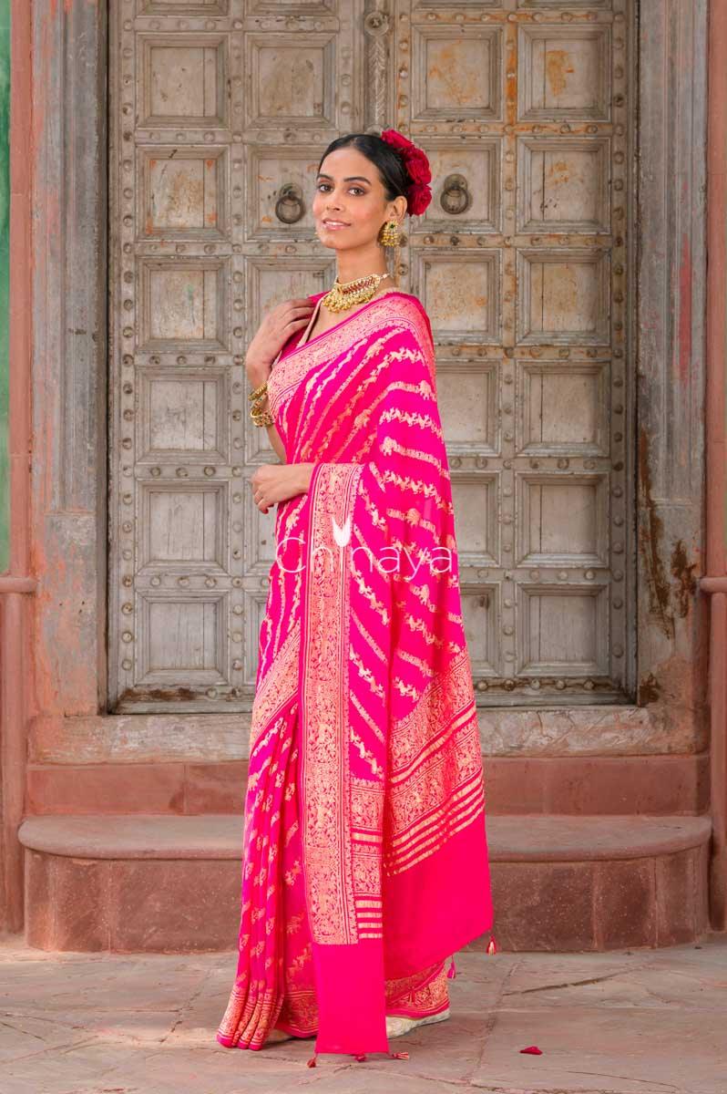 Crimson Strokes Fuscia Pink Handwoven Georgette Khaddi Silk Saree - Chinaya Banaras