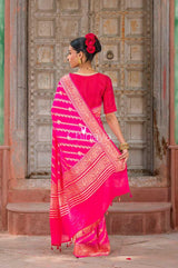 Crimson Strokes Fuscia Pink Handwoven Georgette Khaddi Silk Saree - Chinaya Banaras