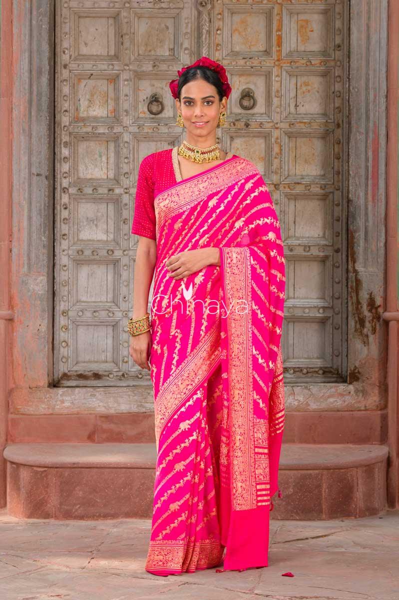 Women In Crimson Strokes Fuscia Pink Handwoven Georgette Khaddi Silk Saree At Chinaya Banaras