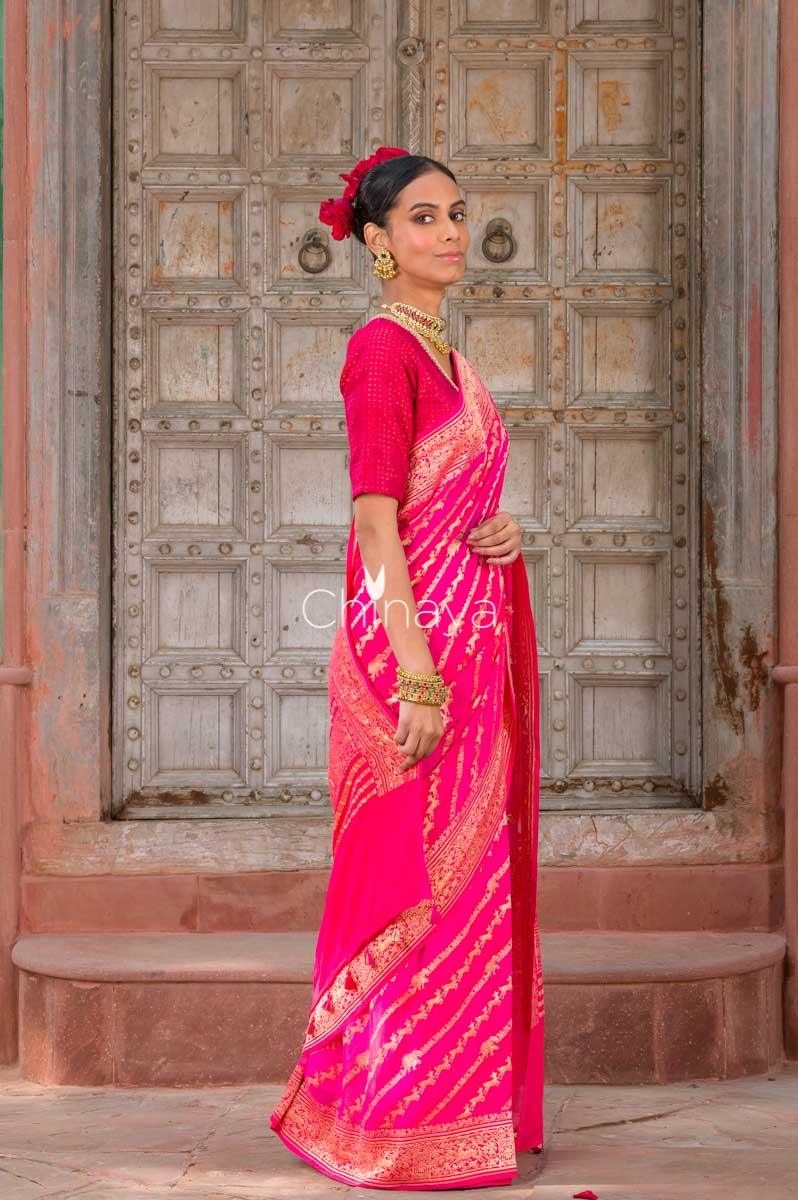 Crimson Strokes Fuscia Pink Handwoven Georgette Khaddi Silk Saree - Chinaya Banaras