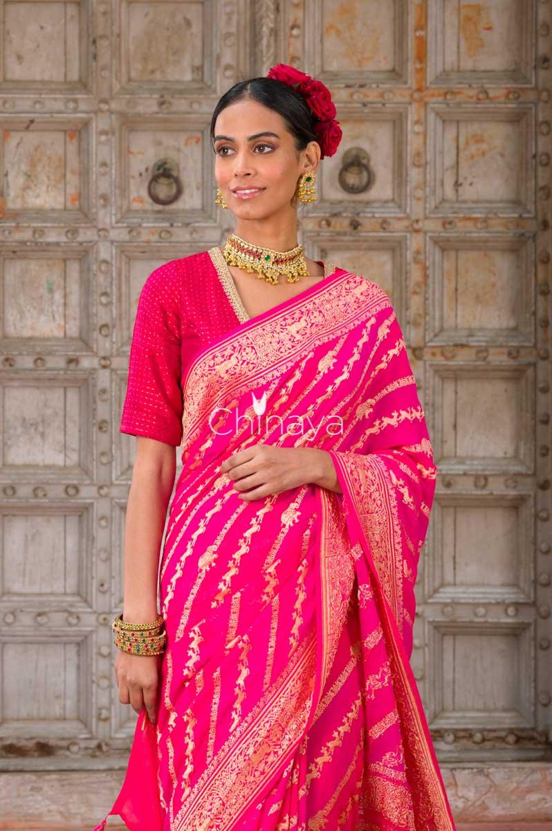 Crimson Strokes Fuscia Pink Handwoven Georgette Khaddi Silk Saree - Chinaya Banaras