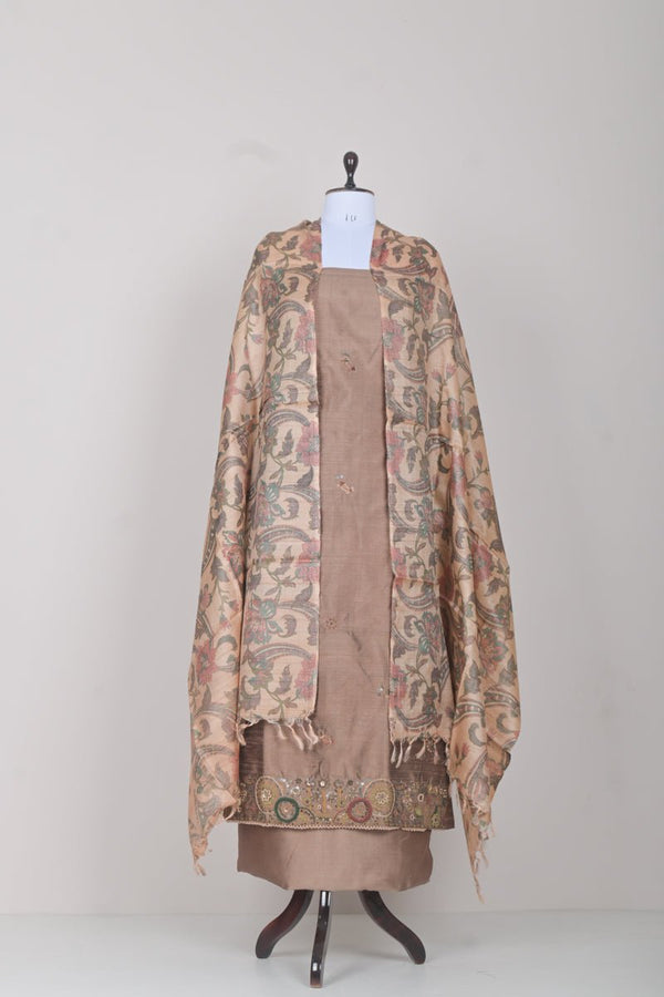 Deep Beige Embroidered Raw Silk Dress Material - Chinaya Banaras