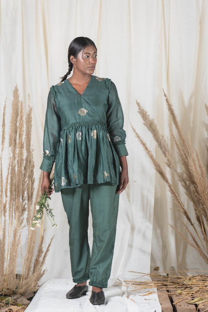 Deep Green Chanderi Silk Top Pant Set - Chinaya Banaras