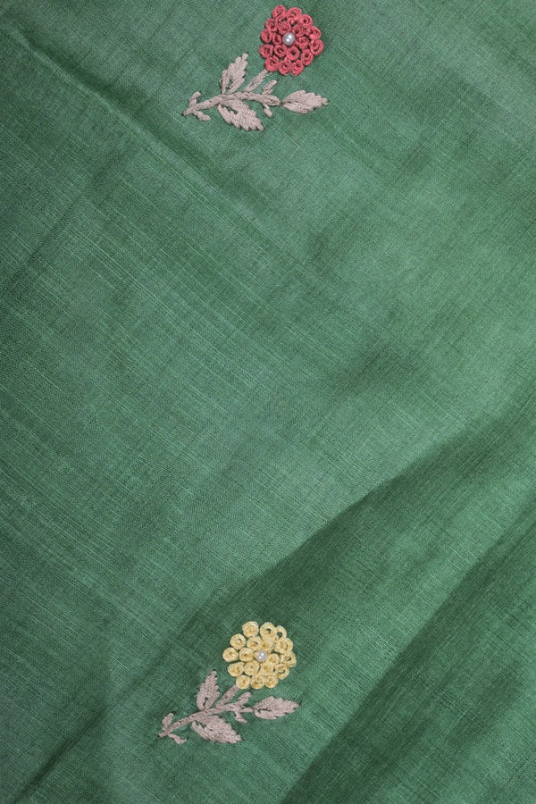 Deep Green Embroidered Tussar Silk Unstitched Suit Set - Chinaya Banaras