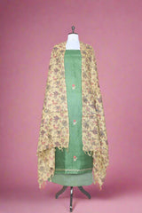 Deep Green Embroidered Tussar Silk Unstitched Suit Set - Chinaya Banaras