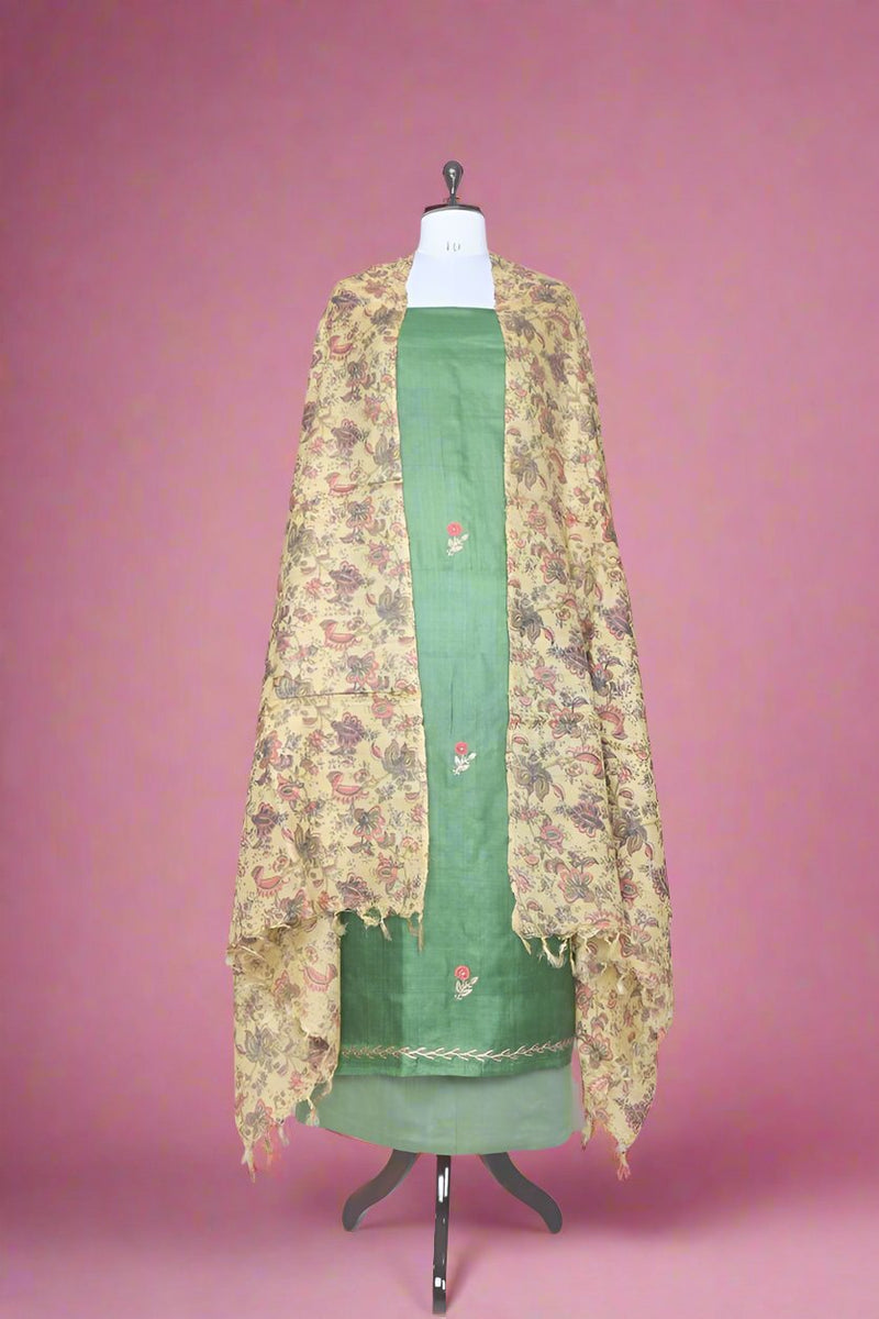 Deep Green Embroidered Tussar Silk Unstitched Suit Set - Chinaya Banaras