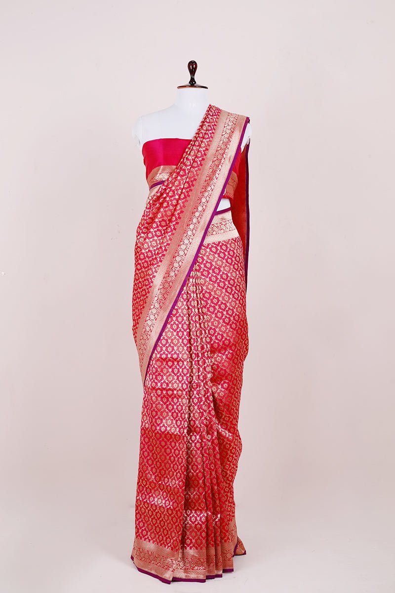 Deep Pink Geometrical Handwoven Banarasi Silk Saree - Chinaya Banaras