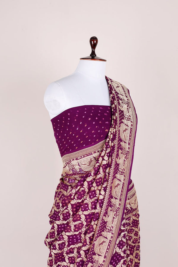 Deep Purple Handloom Georgette Bandhani Banarasi Silk Saree - Chinaya Banaras