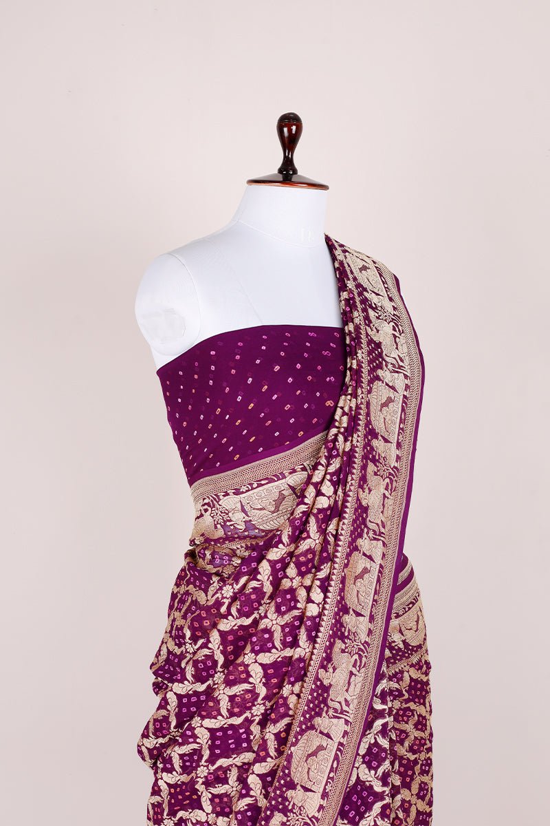 Deep Purple Handloom Georgette Bandhani Banarasi Silk Saree - Chinaya Banaras