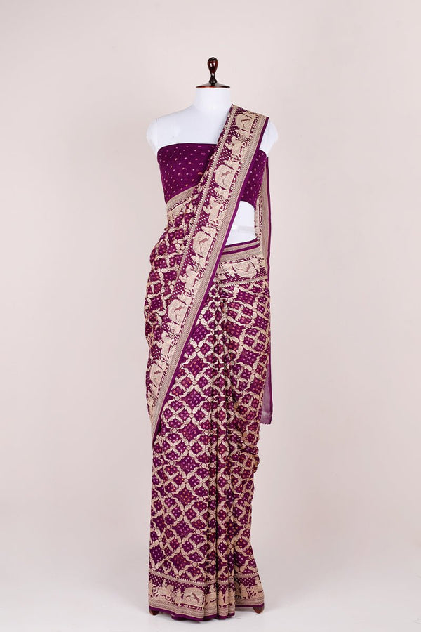 Deep Purple Handloom Georgette Bandhani Banarasi Silk Saree - Chinaya Banaras
