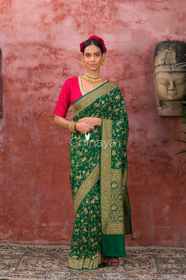 Emerald Vine Green Woven Georgette Khaddi Saree - Chinaya Banaras