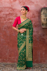 Emerald Vine Green Woven Georgette Khaddi Saree - Chinaya Banaras