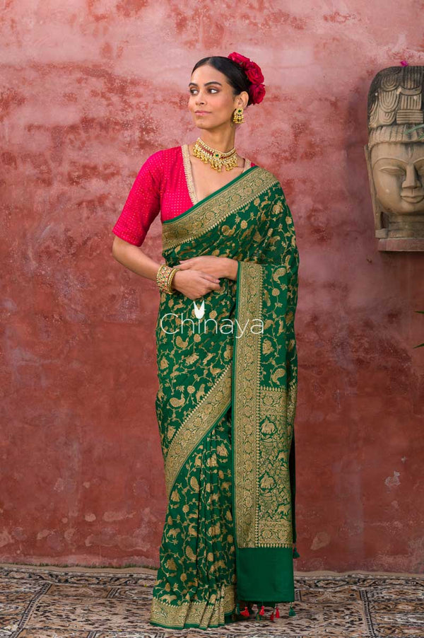 Emerald Vine Green Woven Georgette Khaddi Saree - Chinaya Banaras