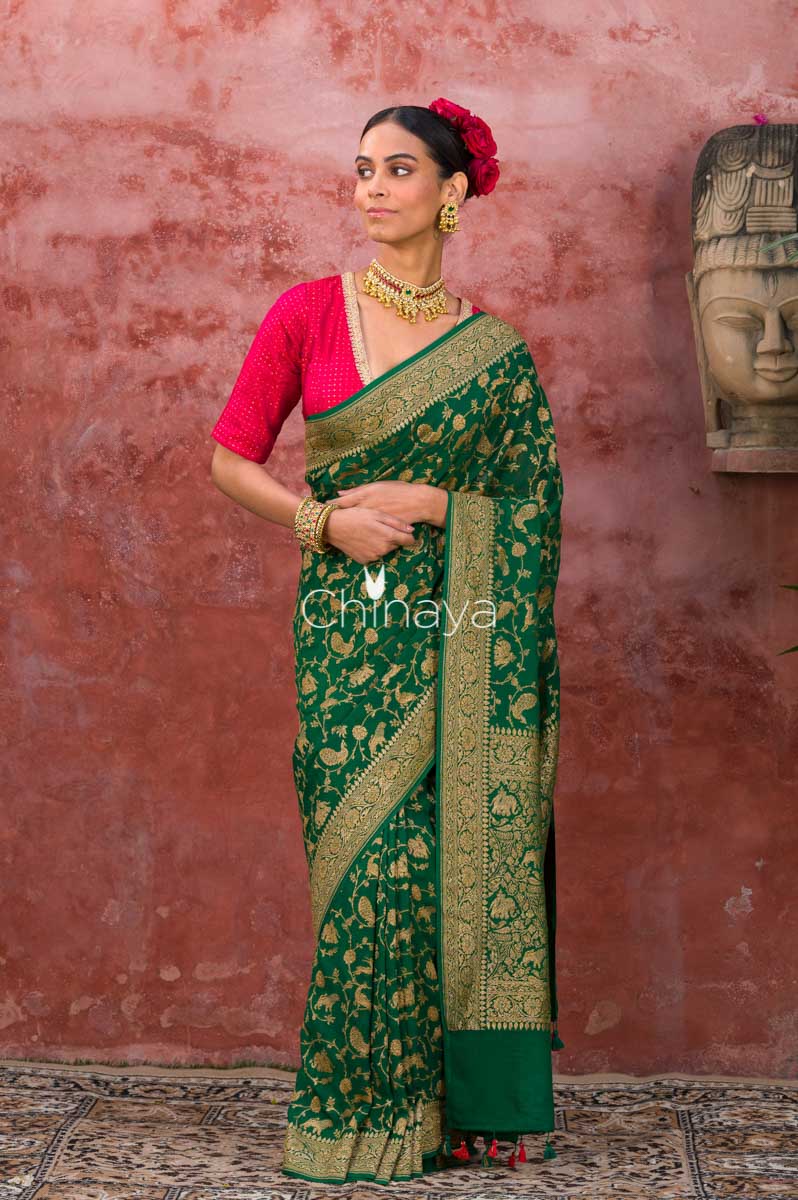 Emerald Vine Green Woven Georgette Khaddi Saree - Chinaya Banaras