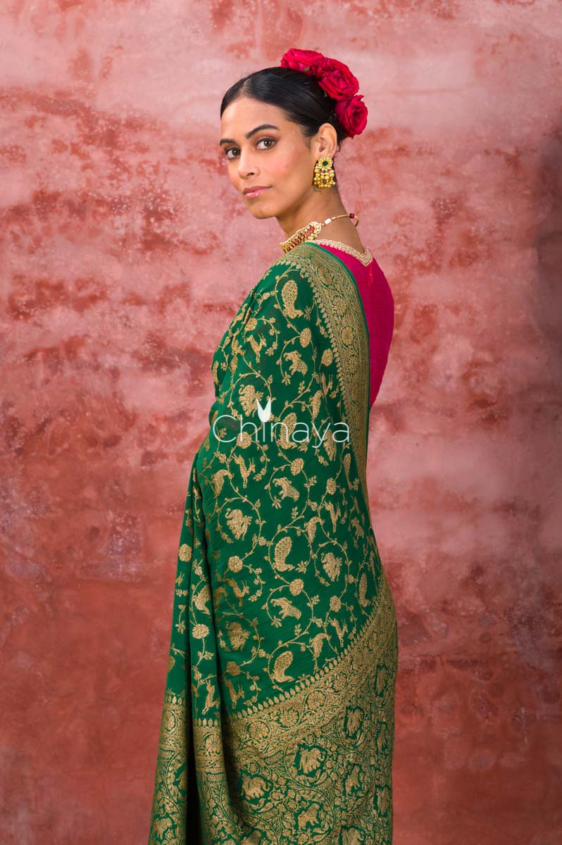 Emerald Vine Green Woven Georgette Khaddi Saree - Chinaya Banaras