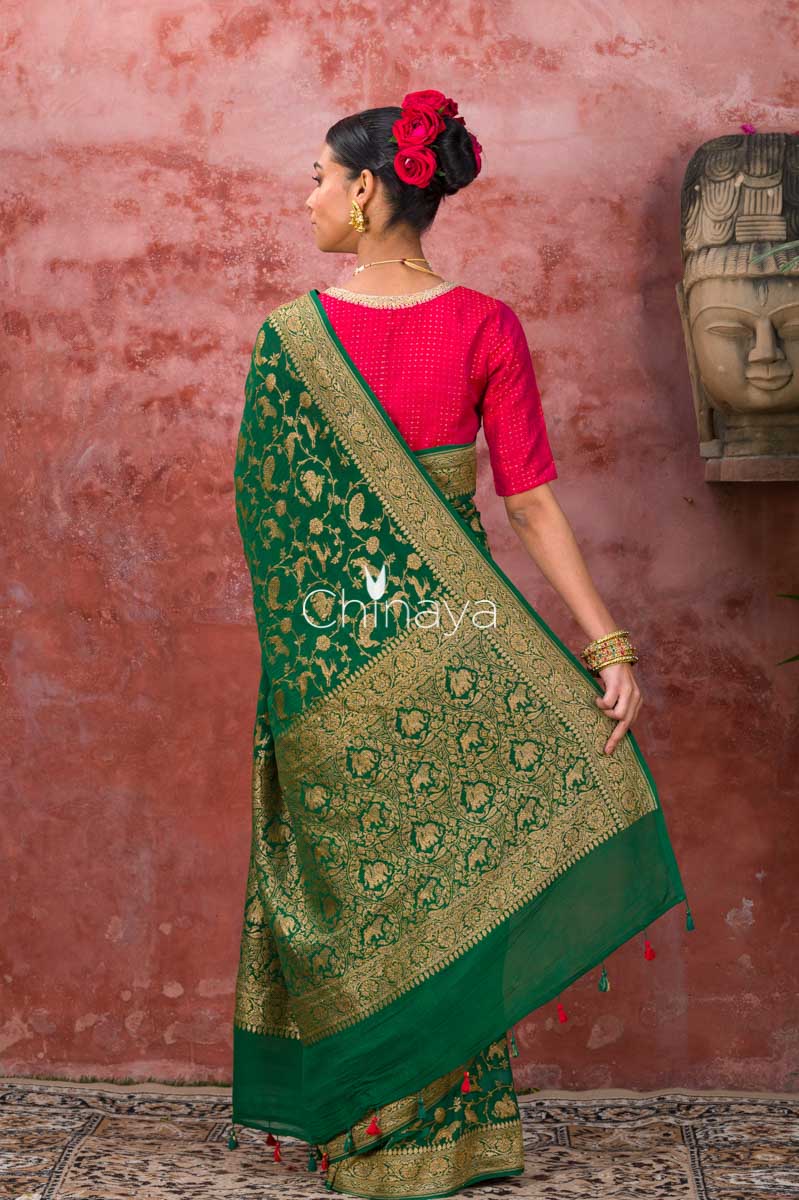 Emerald Vine Green Woven Georgette Khaddi Saree - Chinaya Banaras