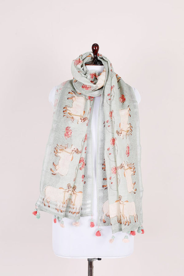 Dupatta, Sage green  Dupatta​, Pichwai Dupatta, Dupatta for women, Printed Dupatta, Linen Dupatta​
