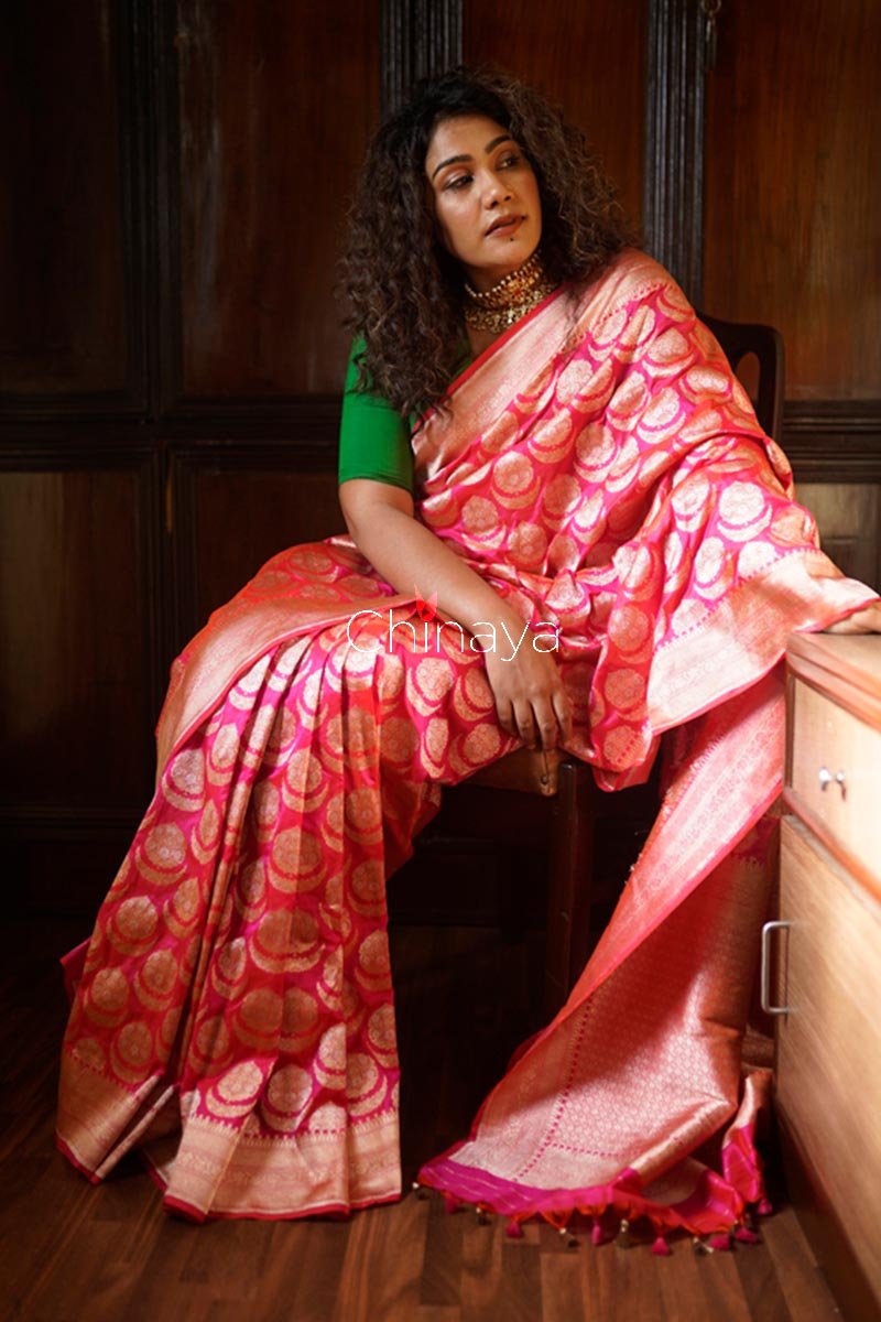 Women In Pink Handwoven Banarasi Silk Saree At Chinaya Banaras