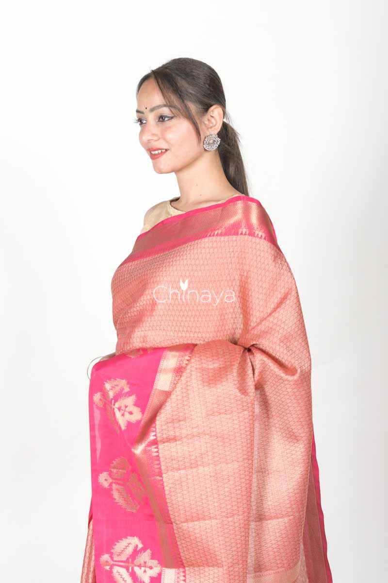 Fuscia Pink Woven Banarasi Kora Saree - Chinaya Banaras