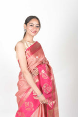 Fuscia Pink Woven Banarasi Kora Saree - Chinaya Banaras