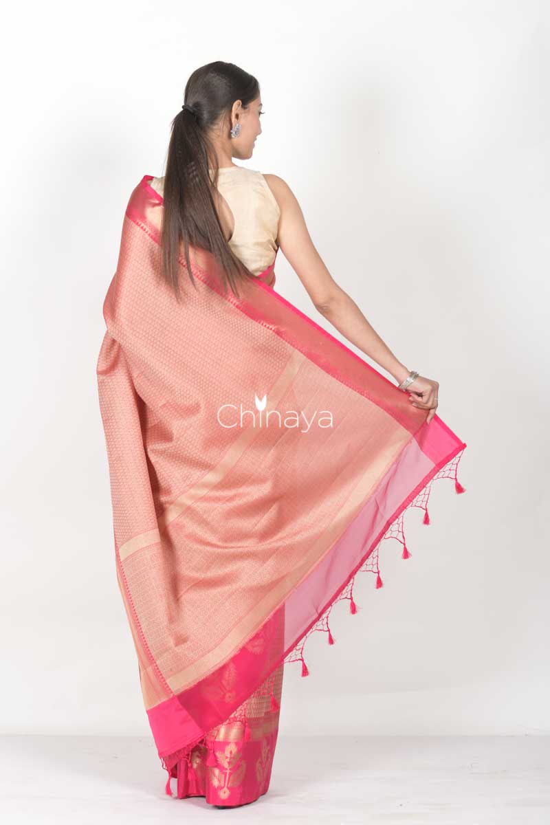 Fuscia Pink Woven Banarasi Kora Saree - Chinaya Banaras